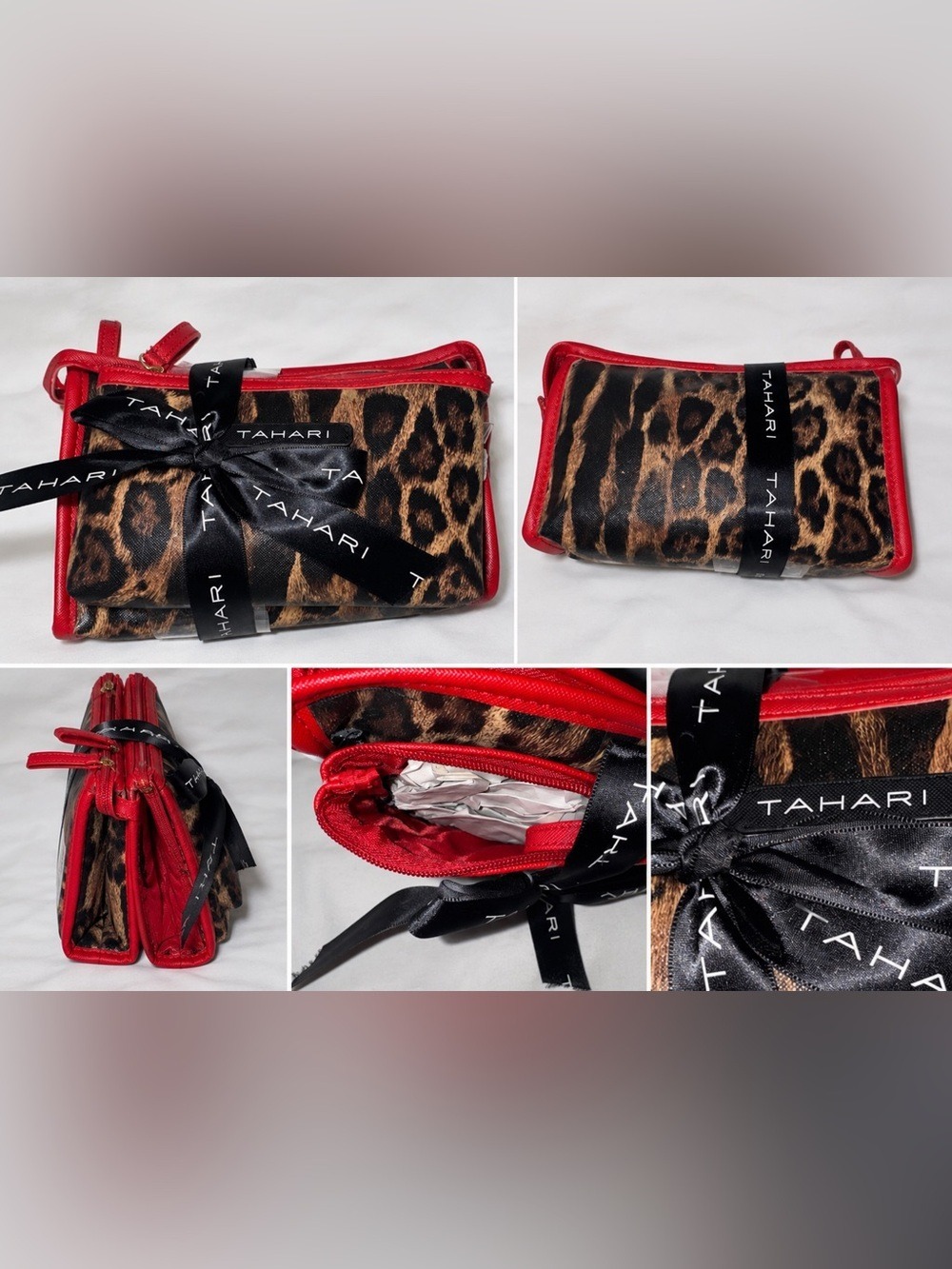 Tahari Leopard Print Travel Cosmetic Bag Set Red Trim NWT Glam Makeup Pouches